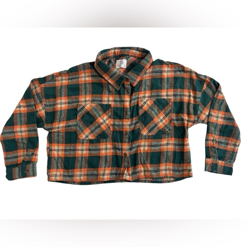Mila And Tiff Cropped Plaid Flannel Shacket Button Down Long Sleeve Large Orange